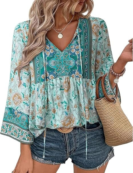 Unixseque Summer Boho Womens Tops Floral Print Dressy Casual V-Neck Tie Front Trendy Fall 3/4 Sleeve Blouses