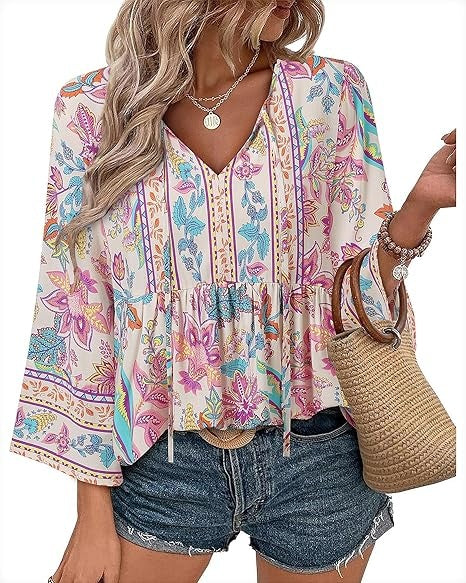 Unixseque Summer Boho Womens Tops Floral Print Dressy Casual V-Neck Tie Front Trendy Fall 3/4 Sleeve Blouses