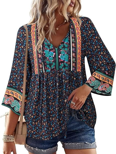 Unixseque Summer Boho Womens Tops Floral Print Dressy Casual V-Neck Tie Front Trendy Fall 3/4 Sleeve Blouses