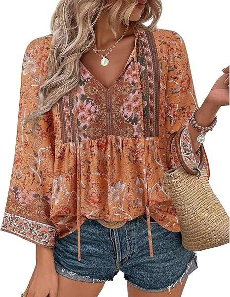 Unixseque Summer Boho Womens Tops Floral Print Dressy Casual V-Neck Tie Front Trendy Fall 3/4 Sleeve Blouses