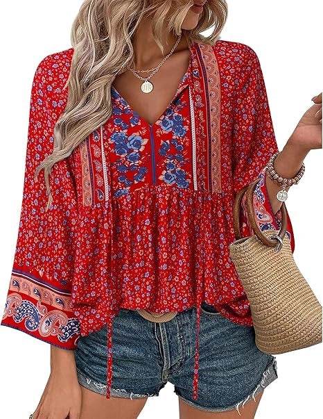 Unixseque Summer Boho Womens Tops Floral Print Dressy Casual V-Neck Tie Front Trendy Fall 3/4 Sleeve Blouses