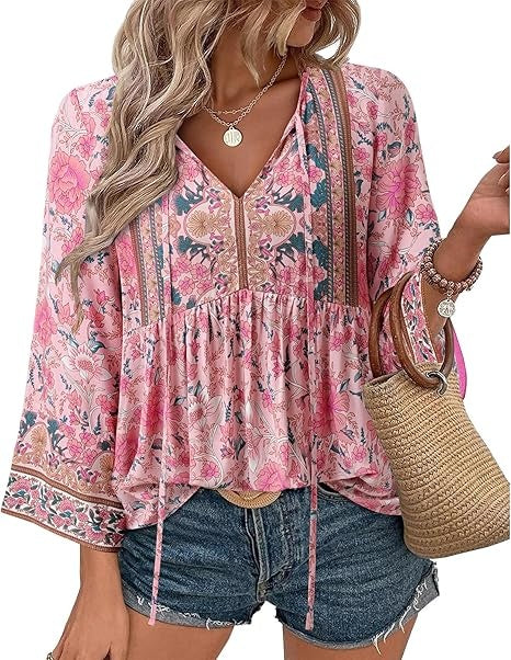 Unixseque Summer Boho Womens Tops Floral Print Dressy Casual V-Neck Tie Front Trendy Fall 3/4 Sleeve Blouses