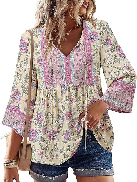 Unixseque Summer Boho Womens Tops Floral Print Dressy Casual V-Neck Tie Front Trendy Fall 3/4 Sleeve Blouses