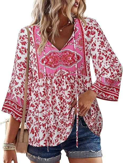 Unixseque Summer Boho Womens Tops Floral Print Dressy Casual V-Neck Tie Front Trendy Fall 3/4 Sleeve Blouses