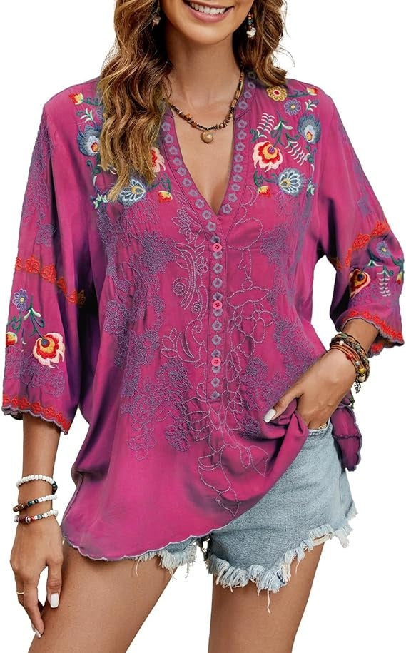 Mexican Shirts Peasant Blouses Cotton Embroidered 3/4 Sleeve Summer V Neck Tunic Bohemian Tops Boho Clothes for Women