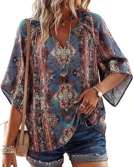SimpleFun Womens 3/4 length Sleeve Boho Tops V Neck Summer Peasant Blouses Loose Fit Tunic Shirt Vacation Outfits