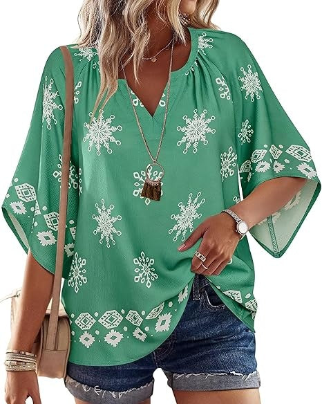 SimpleFun Womens 3/4 length Sleeve Boho Tops V Neck Summer Peasant Blouses Loose Fit Tunic Shirt Vacation Outfits