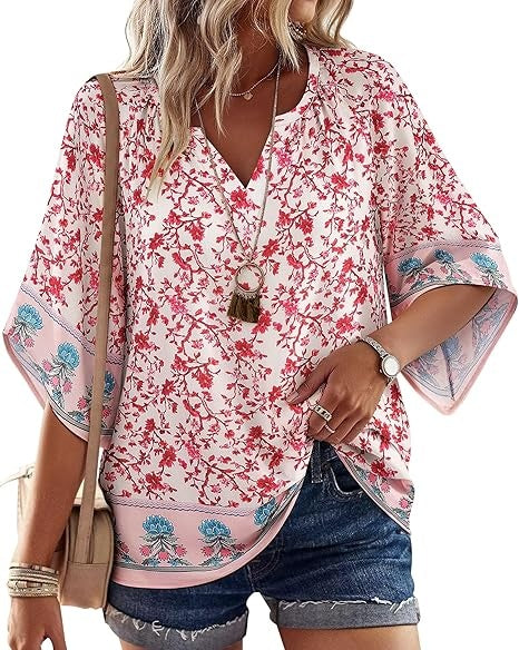 SimpleFun Womens 3/4 length Sleeve Boho Tops V Neck Summer Peasant Blouses Loose Fit Tunic Shirt Vacation Outfits