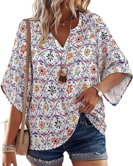 SimpleFun Womens 3/4 length Sleeve Boho Tops V Neck Summer Peasant Blouses Loose Fit Tunic Shirt Vacation Outfits