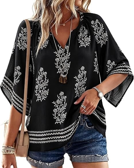 SimpleFun Womens 3/4 length Sleeve Boho Tops V Neck Summer Peasant Blouses Loose Fit Tunic Shirt Vacation Outfits