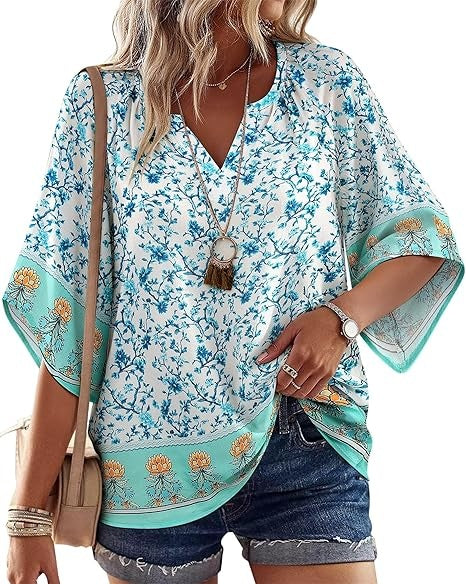 SimpleFun Womens 3/4 length Sleeve Boho Tops V Neck Summer Peasant Blouses Loose Fit Tunic Shirt Vacation Outfits