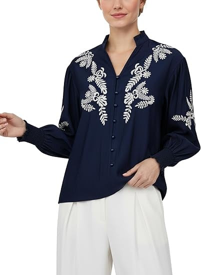 Women's Floral Embroidered Tops Boho Long Sleeve Shirts Summer V Neck Peasant Blouses Fashion Casual Clothes 2026