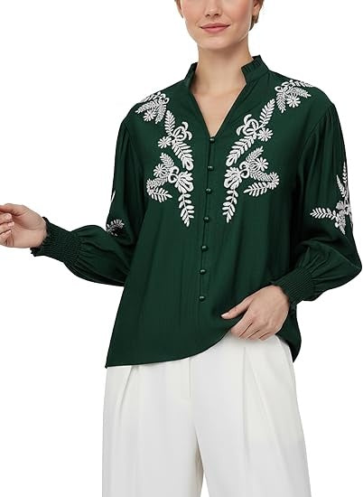 Women's Floral Embroidered Tops Boho Long Sleeve Shirts Summer V Neck Peasant Blouses Fashion Casual Clothes 2026