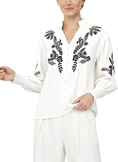 Women's Floral Embroidered Tops Boho Long Sleeve Shirts Summer V Neck Peasant Blouses Fashion Casual Clothes 2026