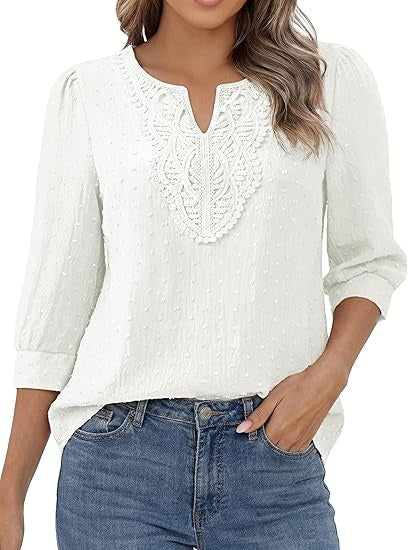 Boho Tops for Women 3/4 Sleeve V Neck Blouses Dressy Casual Swiss Dot Lace Shirts Trendy Vacation Clothes