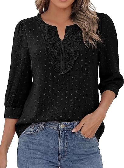 Boho Tops for Women 3/4 Sleeve V Neck Blouses Dressy Casual Swiss Dot Lace Shirts Trendy Vacation Clothes