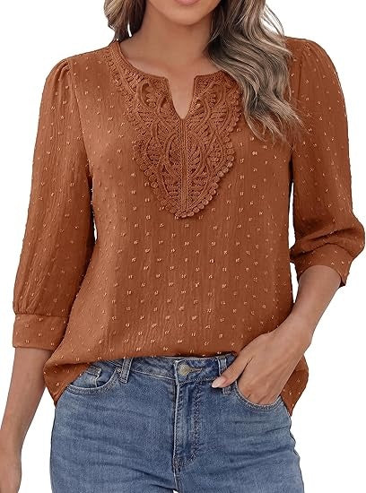 Boho Tops for Women 3/4 Sleeve V Neck Blouses Dressy Casual Swiss Dot Lace Shirts Trendy Vacation Clothes