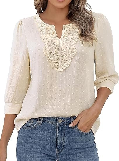 Boho Tops for Women 3/4 Sleeve V Neck Blouses Dressy Casual Swiss Dot Lace Shirts Trendy Vacation Clothes