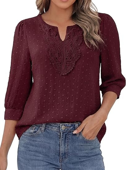 Boho Tops for Women 3/4 Sleeve V Neck Blouses Dressy Casual Swiss Dot Lace Shirts Trendy Vacation Clothes