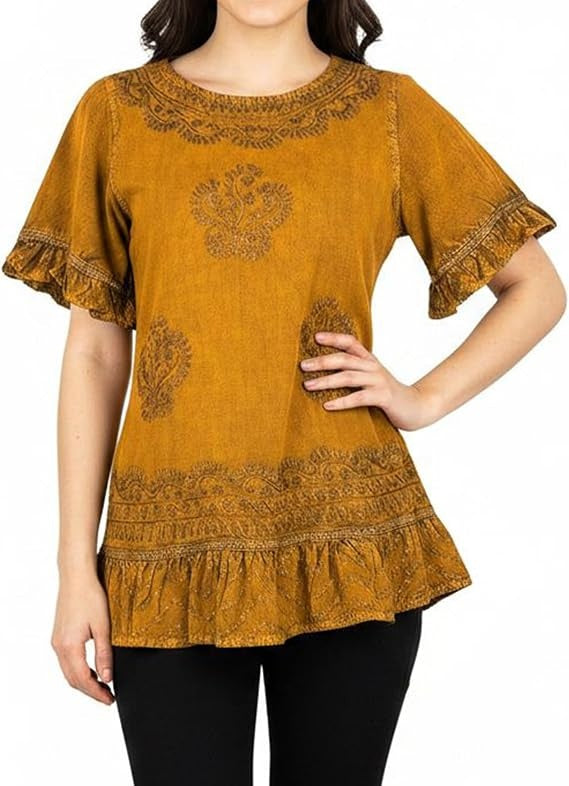 Round Neck Embroidered Tops for Women - Medieval Vintage Boho Casual Short Sleeve Women's Blouses