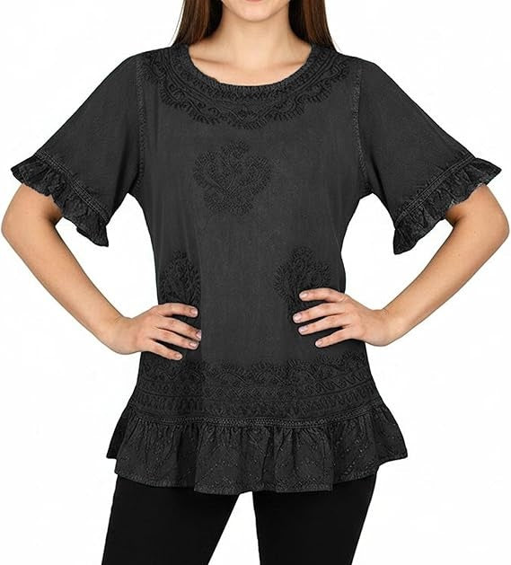 Round Neck Embroidered Tops for Women - Medieval Vintage Boho Casual Short Sleeve Women's Blouses