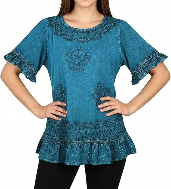 Round Neck Embroidered Tops for Women - Medieval Vintage Boho Casual Short Sleeve Women's Blouses