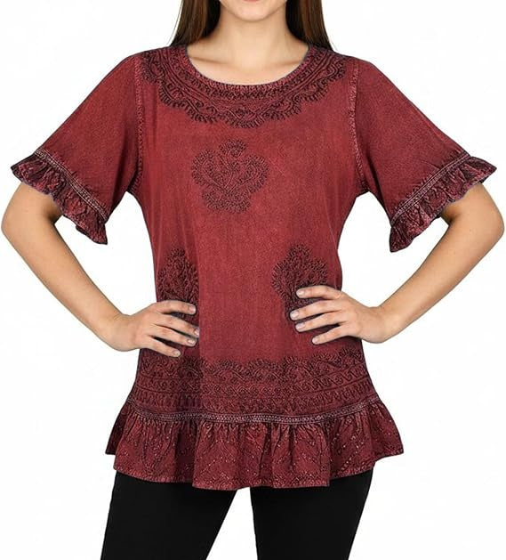 Round Neck Embroidered Tops for Women - Medieval Vintage Boho Casual Short Sleeve Women's Blouses