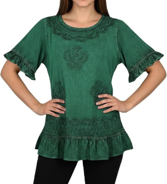 Round Neck Embroidered Tops for Women - Medieval Vintage Boho Casual Short Sleeve Women's Blouses