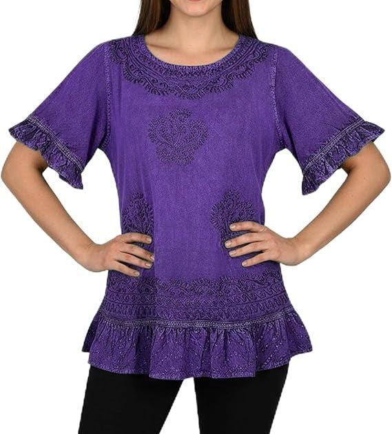 Round Neck Embroidered Tops for Women - Medieval Vintage Boho Casual Short Sleeve Women's Blouses