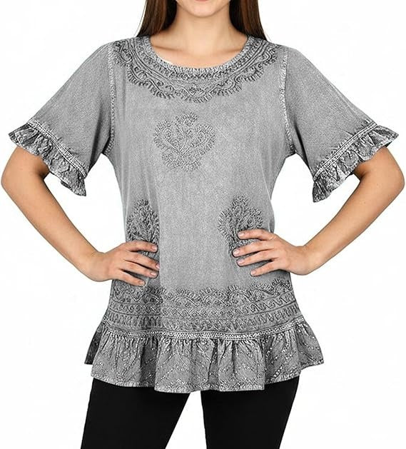 Round Neck Embroidered Tops for Women - Medieval Vintage Boho Casual Short Sleeve Women's Blouses
