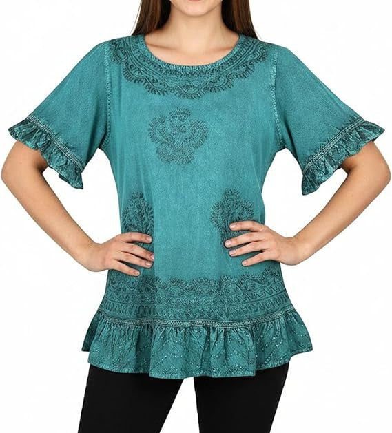 Round Neck Embroidered Tops for Women - Medieval Vintage Boho Casual Short Sleeve Women's Blouses