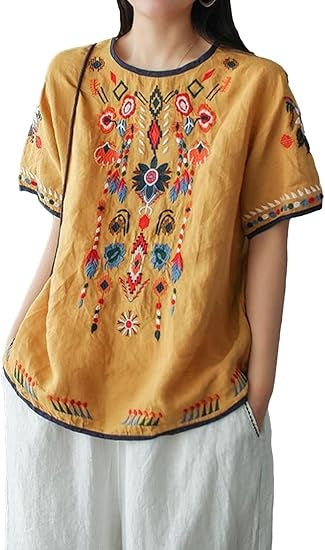 Women's Cotton Linen Tops Embroidered Short Sleeve Peasant Boho Mexican Tunic Top Festival Casual Loose T Shirt