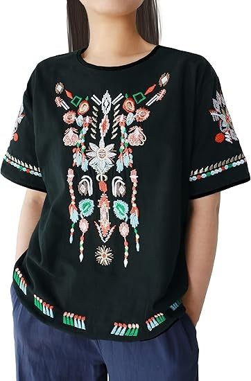 Women's Cotton Linen Tops Embroidered Short Sleeve Peasant Boho Mexican Tunic Top Festival Casual Loose T Shirt