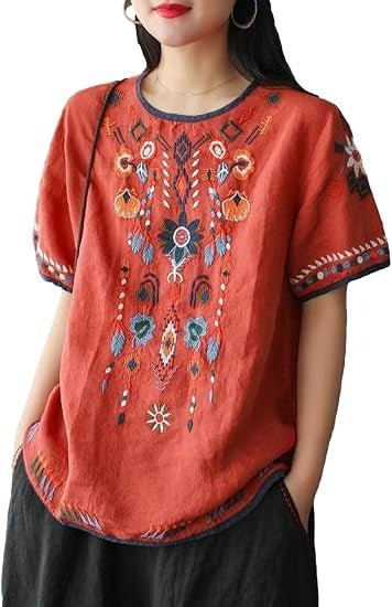 Women's Cotton Linen Tops Embroidered Short Sleeve Peasant Boho Mexican Tunic Top Festival Casual Loose T Shirt