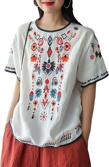 Women's Cotton Linen Tops Embroidered Short Sleeve Peasant Boho Mexican Tunic Top Festival Casual Loose T Shirt