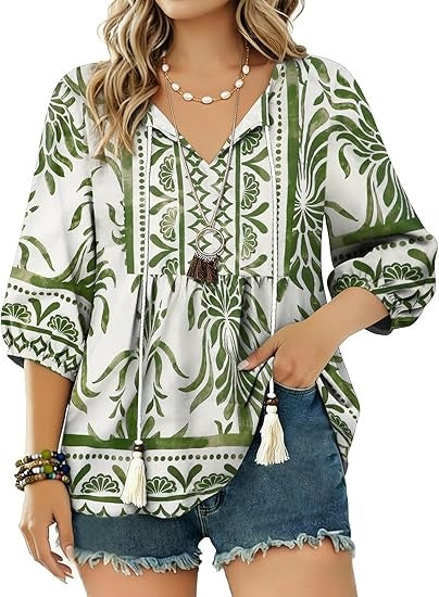 Boho Tops for Women Floral Print 3/4 Sleeve V Neck Blouse Pleated Flowy Vacation Casual Summer Tunic Blouses