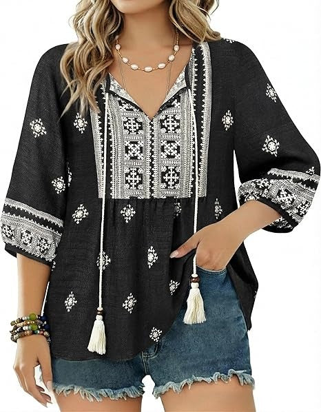 Boho Tops for Women Floral Print 3/4 Sleeve V Neck Blouse Pleated Flowy Vacation Casual Summer Tunic Blouses