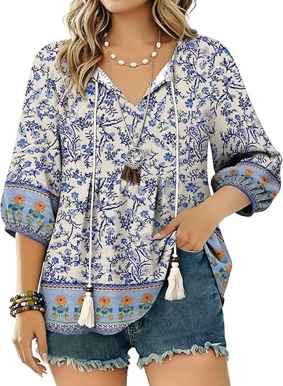 Boho Tops for Women Floral Print 3/4 Sleeve V Neck Blouse Pleated Flowy Vacation Casual Summer Tunic Blouses