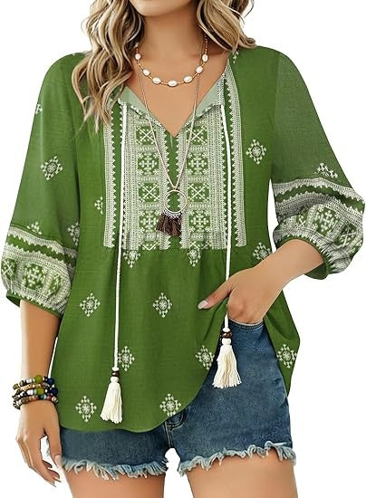 Boho Tops for Women Floral Print 3/4 Sleeve V Neck Blouse Pleated Flowy Vacation Casual Summer Tunic Blouses