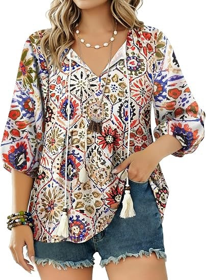 Boho Tops for Women Floral Print 3/4 Sleeve V Neck Blouse Pleated Flowy Vacation Casual Summer Tunic Blouses
