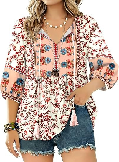 Boho Tops for Women Floral Print 3/4 Sleeve V Neck Blouse Pleated Flowy Vacation Casual Summer Tunic Blouses