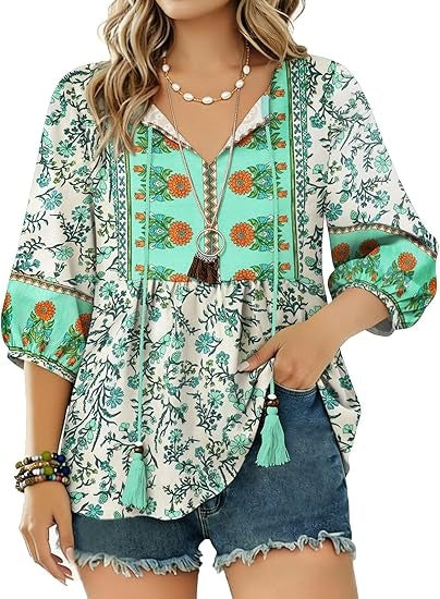 Boho Tops for Women Floral Print 3/4 Sleeve V Neck Blouse Pleated Flowy Vacation Casual Summer Tunic Blouses