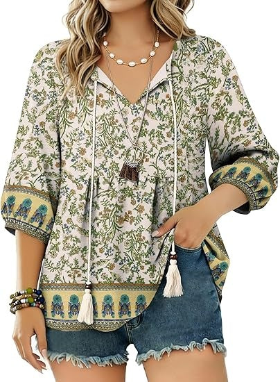 Boho Tops for Women Floral Print 3/4 Sleeve V Neck Blouse Pleated Flowy Vacation Casual Summer Tunic Blouses