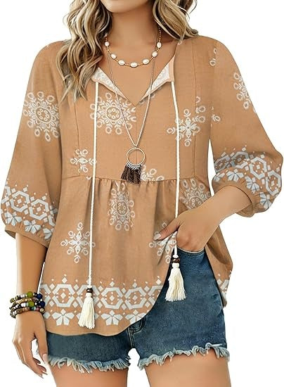 Boho Tops for Women Floral Print 3/4 Sleeve V Neck Blouse Pleated Flowy Vacation Casual Summer Tunic Blouses