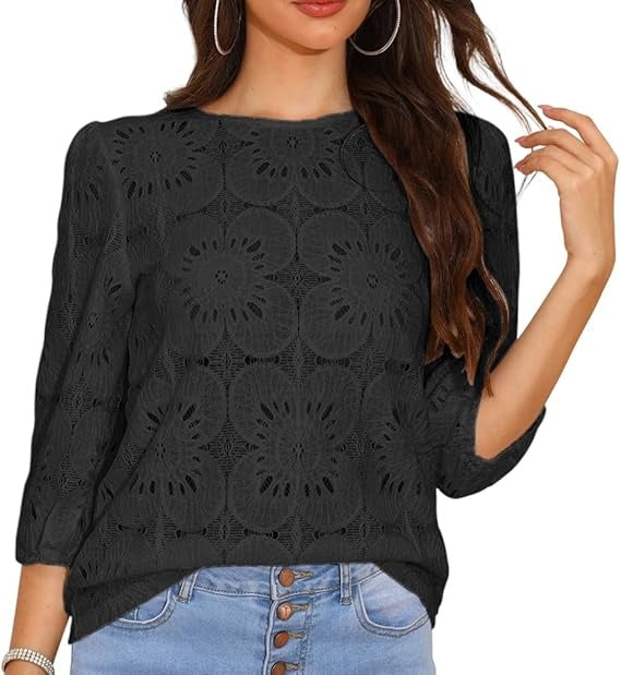 Boho Eyelet Lace Crochet Tops for Women Dressy Casual Summer Fall Fashion Lightweight Tops&Blouses