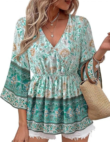 Bebonnie Womens 3/4 Sleeve V Neck Boho Dressy Casual Peplum Blouses Elastic Waist Tunic Tops