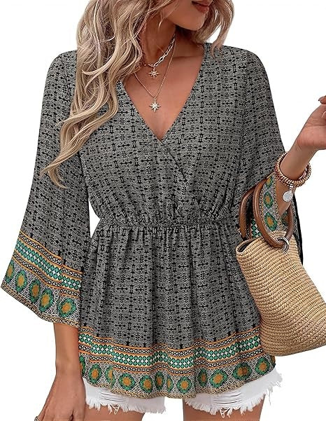 Bebonnie Womens 3/4 Sleeve V Neck Boho Dressy Casual Peplum Blouses Elastic Waist Tunic Tops