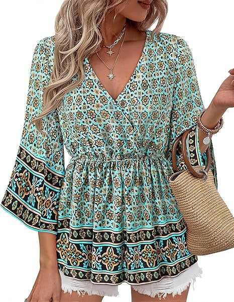 Bebonnie Womens 3/4 Sleeve V Neck Boho Dressy Casual Peplum Blouses Elastic Waist Tunic Tops