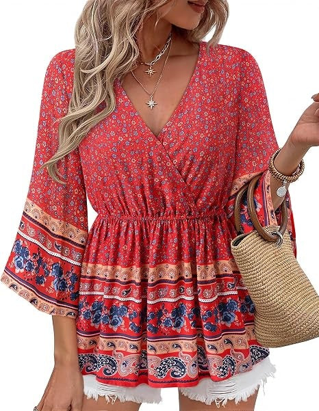 Bebonnie Womens 3/4 Sleeve V Neck Boho Dressy Casual Peplum Blouses Elastic Waist Tunic Tops