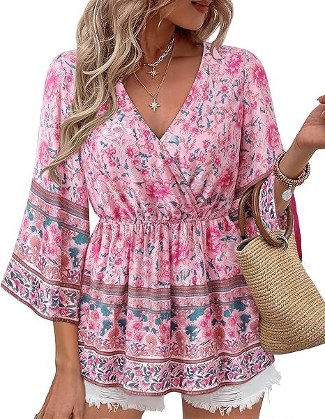 Bebonnie Womens 3/4 Sleeve V Neck Boho Dressy Casual Peplum Blouses Elastic Waist Tunic Tops